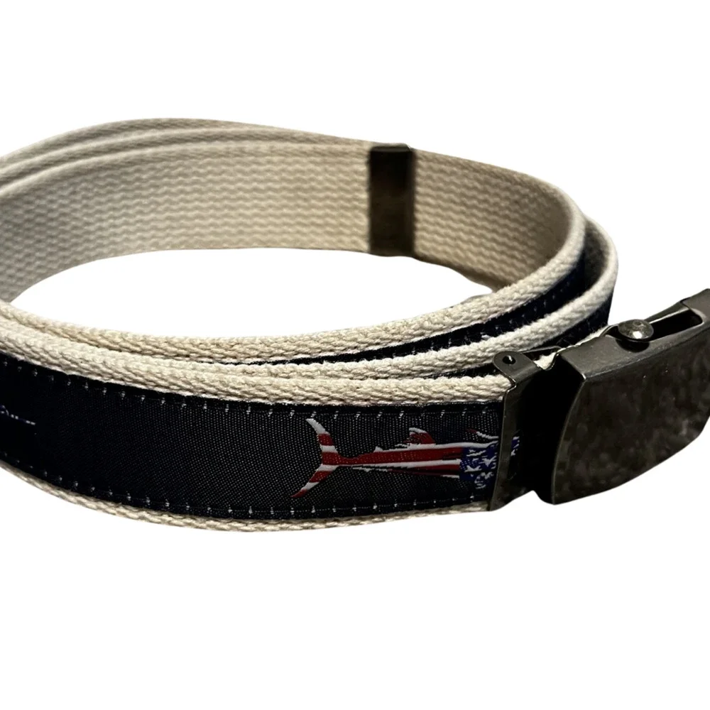American Red White Blue Canvas Belt Sturgeon Fish American Flag Metal Buckle